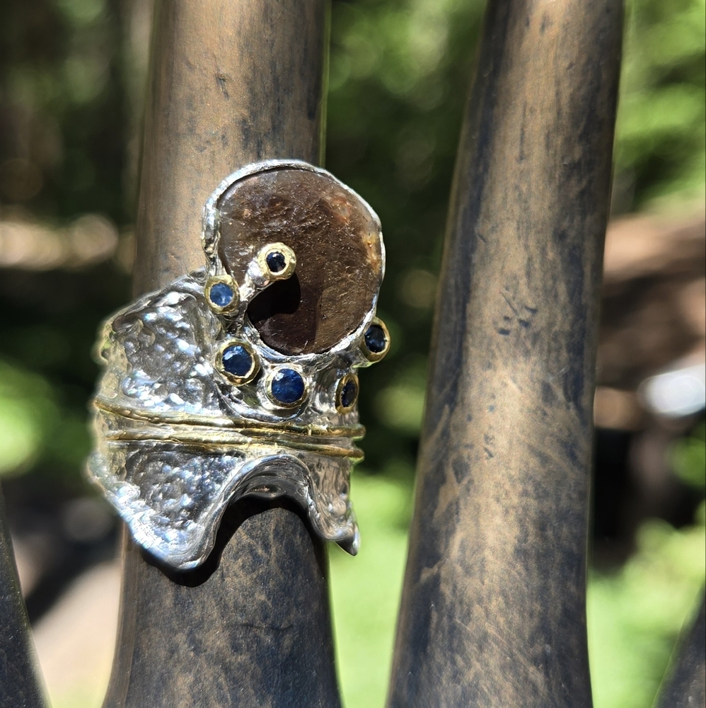 Black & Blue Sapphire Ornate Silver & Gold Moon Ring Sz7.5 - Picture 5 of 9